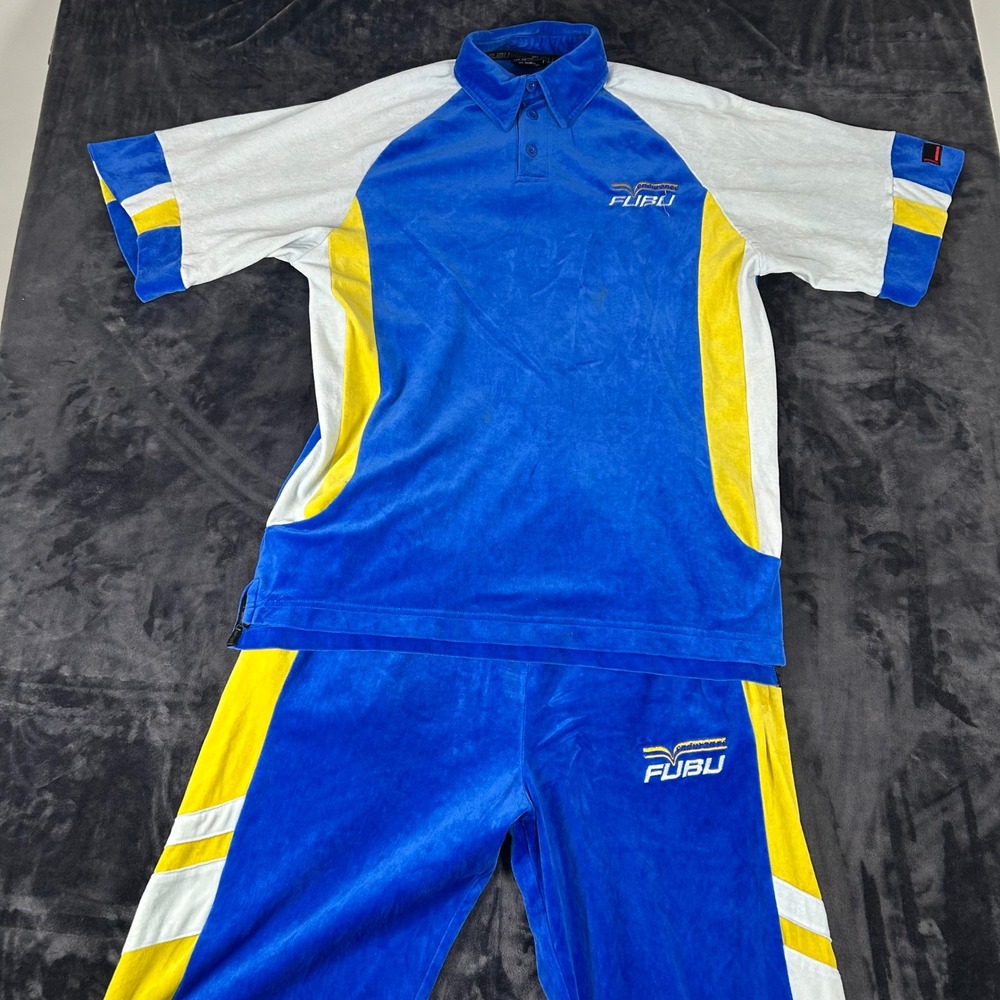 FUBU Tracksuit Set Mens Large Blue Velour Endurance Sports Polo and Pants 2979